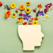 Photo of a cutout face with flowers coming out of the brain for a mental health blog cover photo