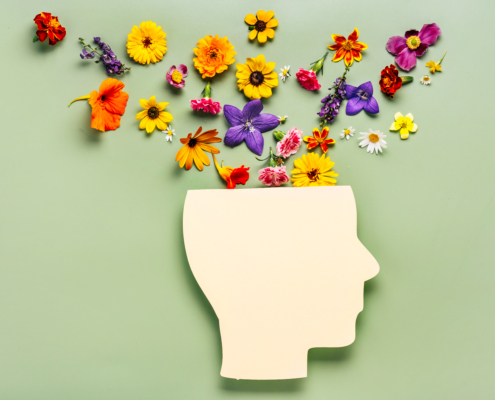 Photo of a cutout face with flowers coming out of the brain for a mental health blog cover photo