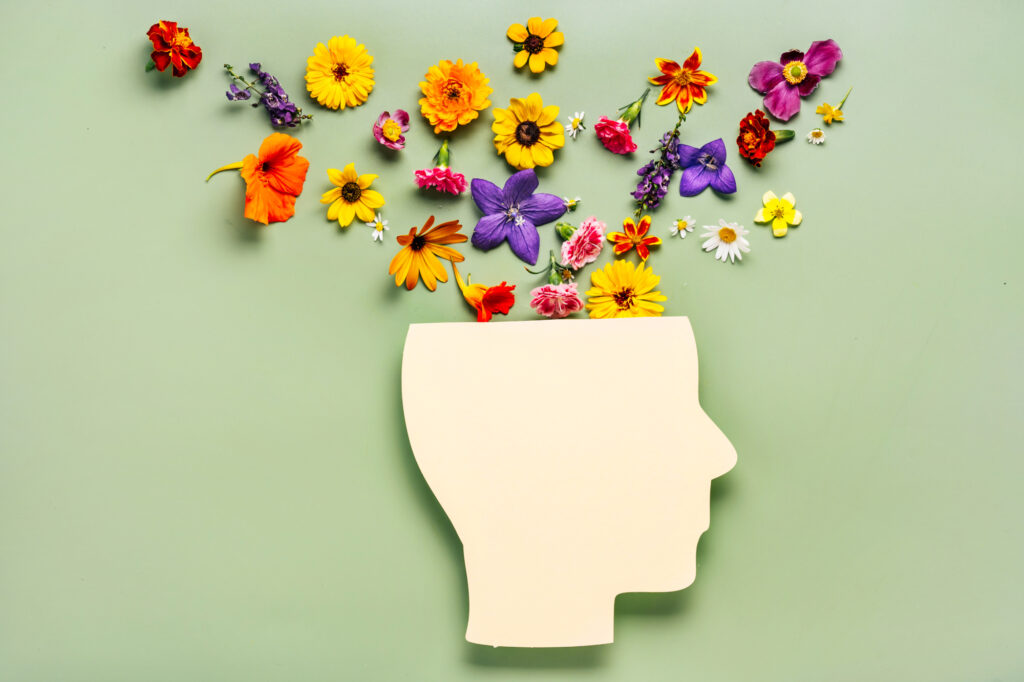 Photo of a cutout face with flowers coming out of the brain for a mental health blog cover photo